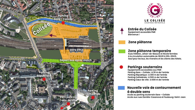 Le Colisée : plan avec zones piétonnes, parking et voie de contournement