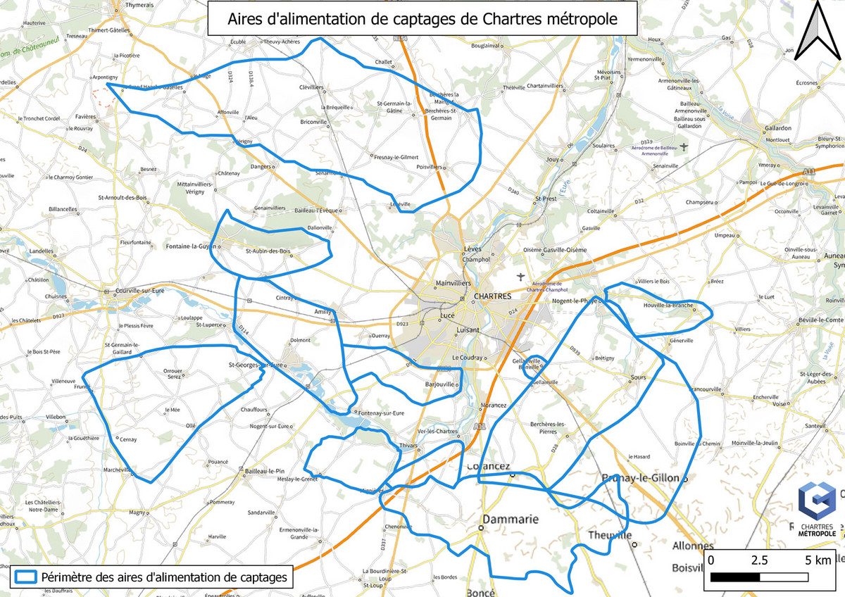 Carte des aires d'alimentation de captages pour l'eau potable de Chartres métropole