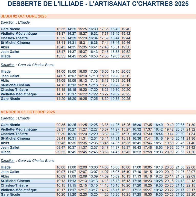 fiche horaire de la navette bus pour l'Artisanat C'Chartres à l'Illiade