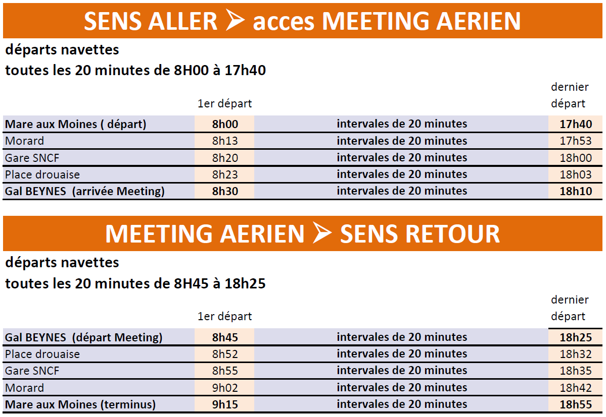 Horaires des navettes gratuite pour le meeting aérien 2025