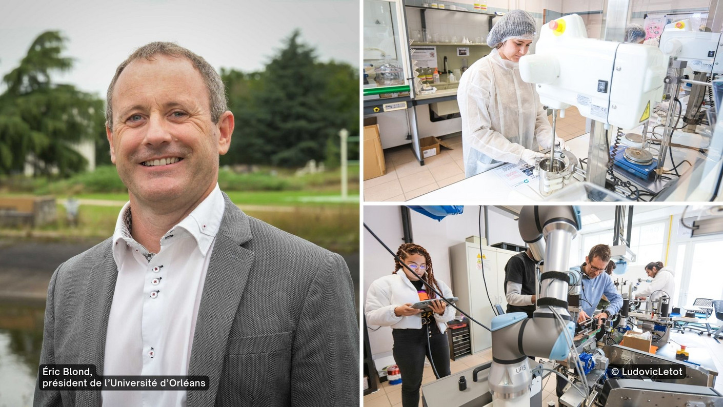 Éric Blond, président de l'Université d'Orléans, et des étudiants en plein travail