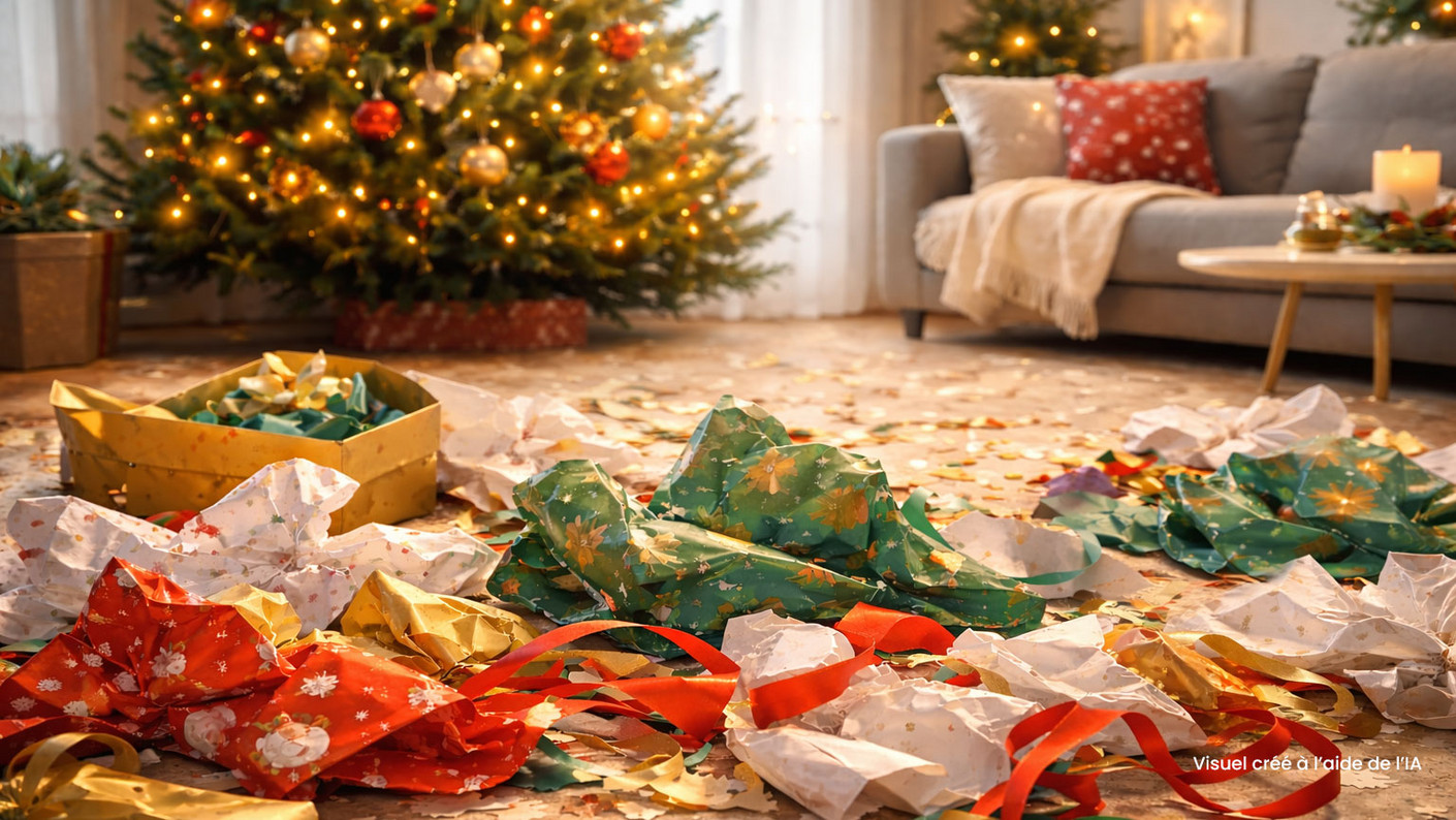 Des paquets cadeaux et un sapin prêts d'une famille fêtant Noël.