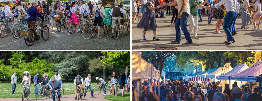 Quelques ambiances du Festival Les Vieilles Pédales : regroupement de vélos, dances, courses et de nombreux stands
