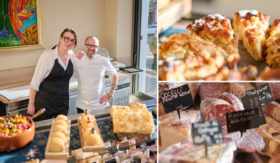 Portrait des gérants de l'épicerie-traiteur et photos de leurs produits.