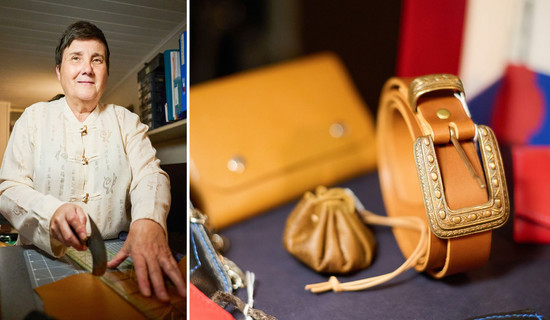 Portrait de Brigitte Le Foll et une photo de ces créations en cuir