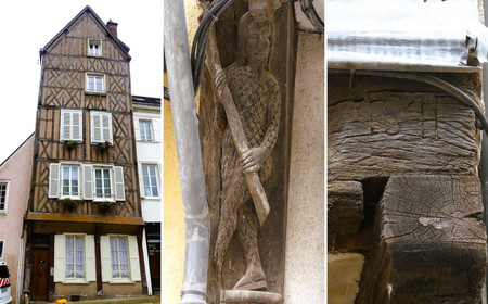 Des exemples de bâtis historiques : une maison à colombages, une figure d'un homme sauvage sculptée sur la console d'un poteau, une poutre d'un encorbellement portant la date 1541