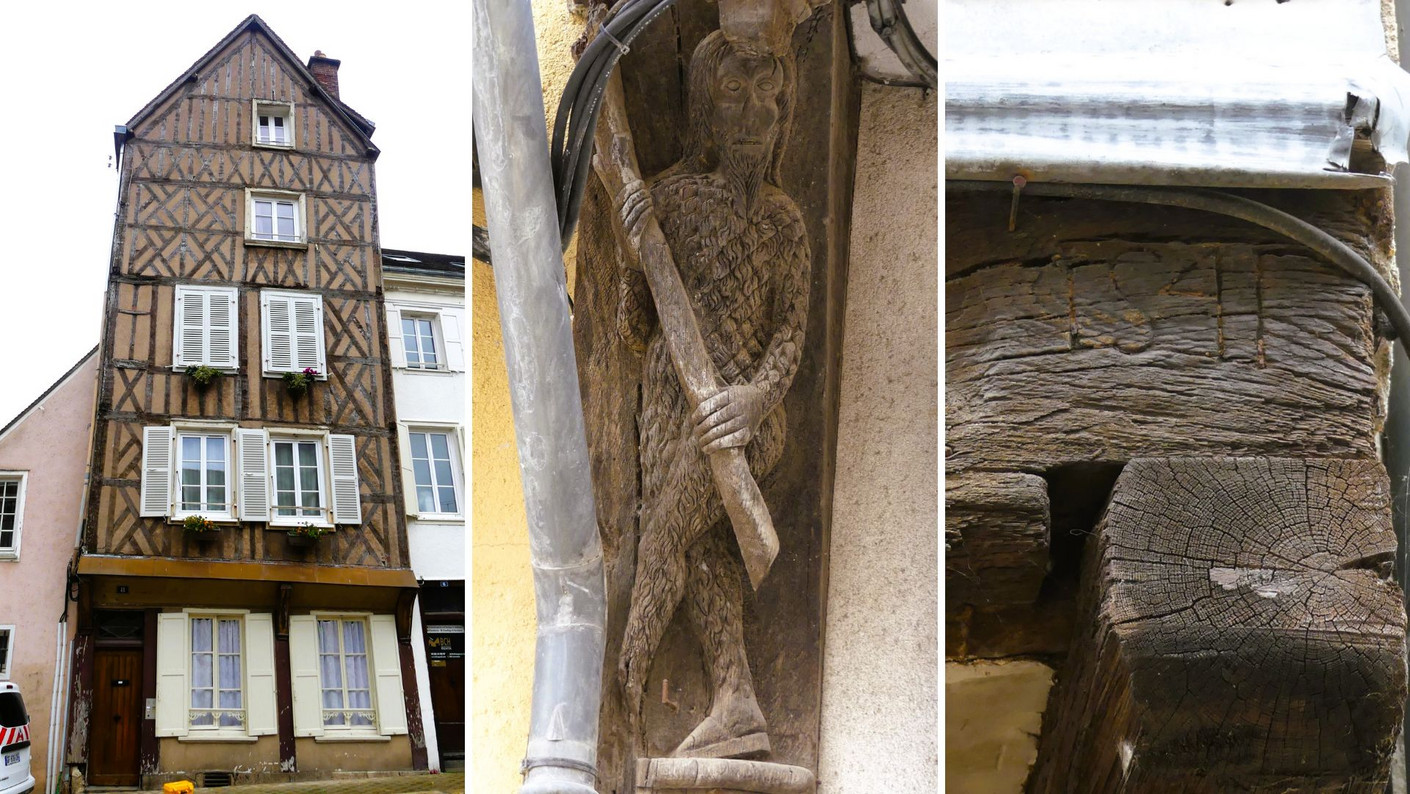 Des exemples de bâtis historiques : une maison à colombages, une figure d'un homme sauvage sculptée sur la console d'un poteau, une poutre d'un encorbellement portant la date 1541