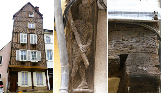 Des exemples de bâtis historiques : une maison à colombages, une figure d'un homme sauvage sculptée sur la console d'un poteau, une poutre d'un encorbellement portant la date 1541