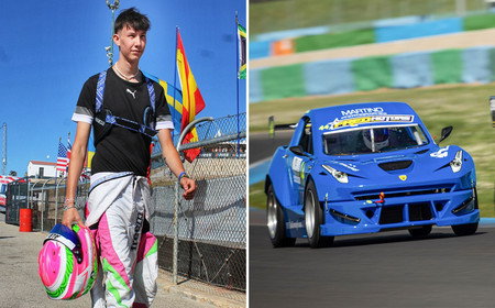 Portrait du jeune pilote et vue de la voiture qu'il conduit sur les circuits.