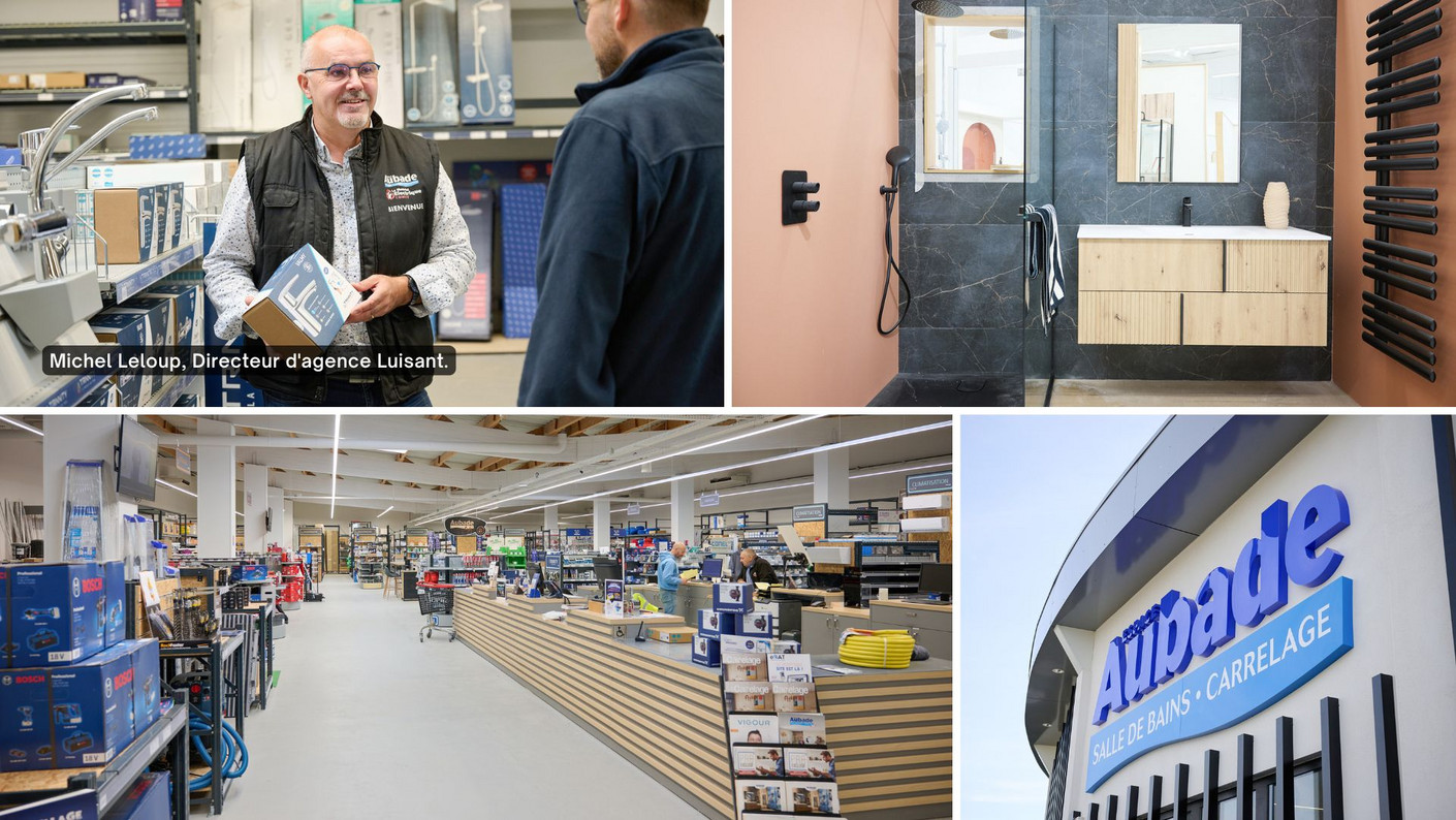 Le directeur de l'agence de Luisant, un visuel de salle de bain et une vue du magasin.