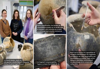 Portrait des personnes en charge de la restauration des vases et vues des différentes actions de restauration des vases.