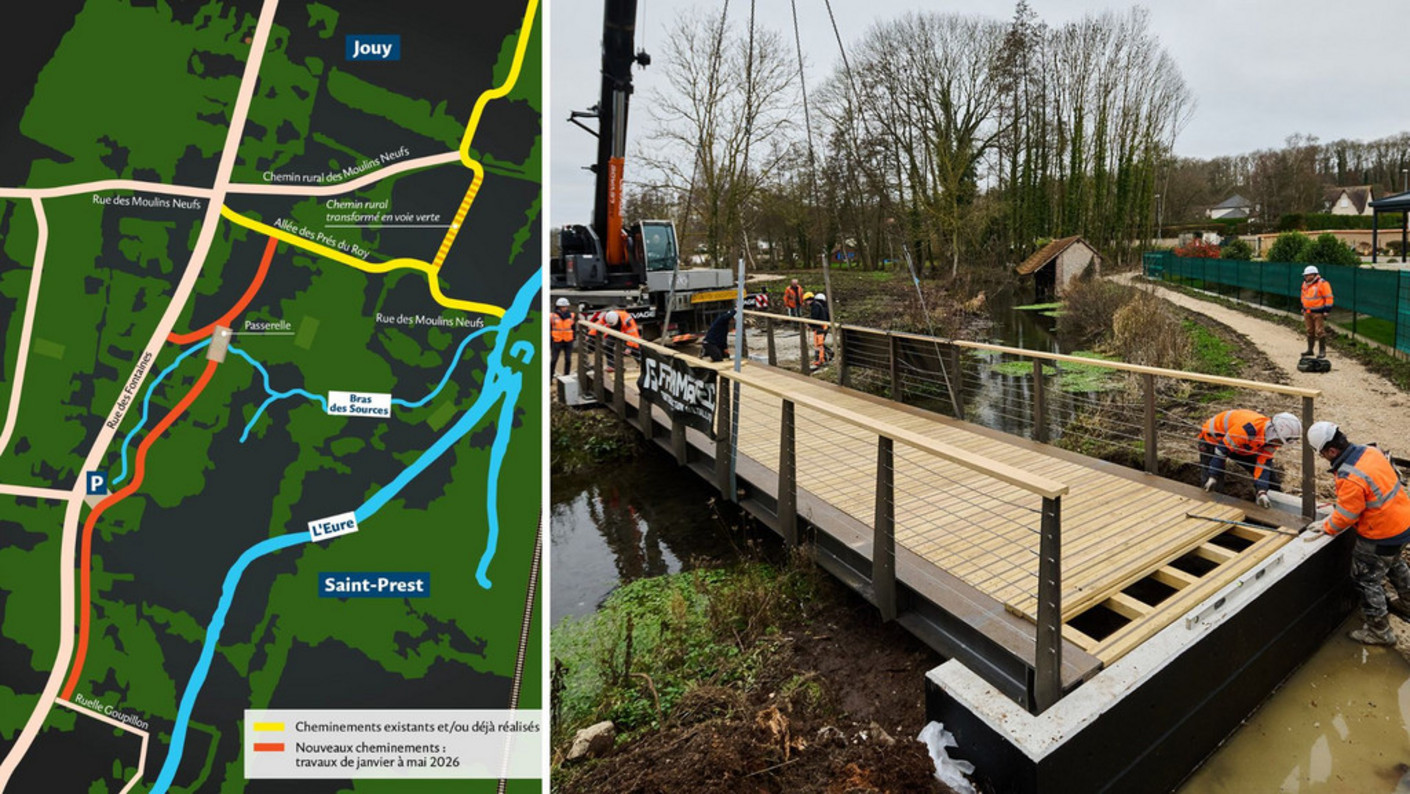 Chantier d'installation de la passerelle du Plan Vert à Saint-Prest