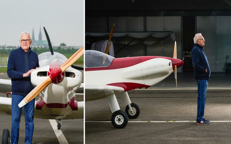 Bernard Cintrat à coté de l'avion qu'il a lui-même conçu.