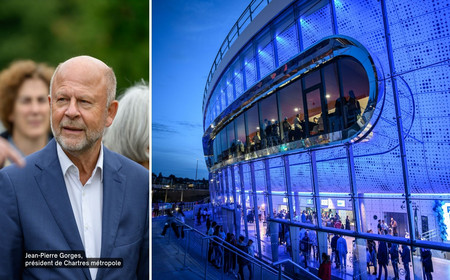 Jean-Pierre Gorges, président de Chartres métropole, et la façade de nuit du Colisée de Chartres métropole
