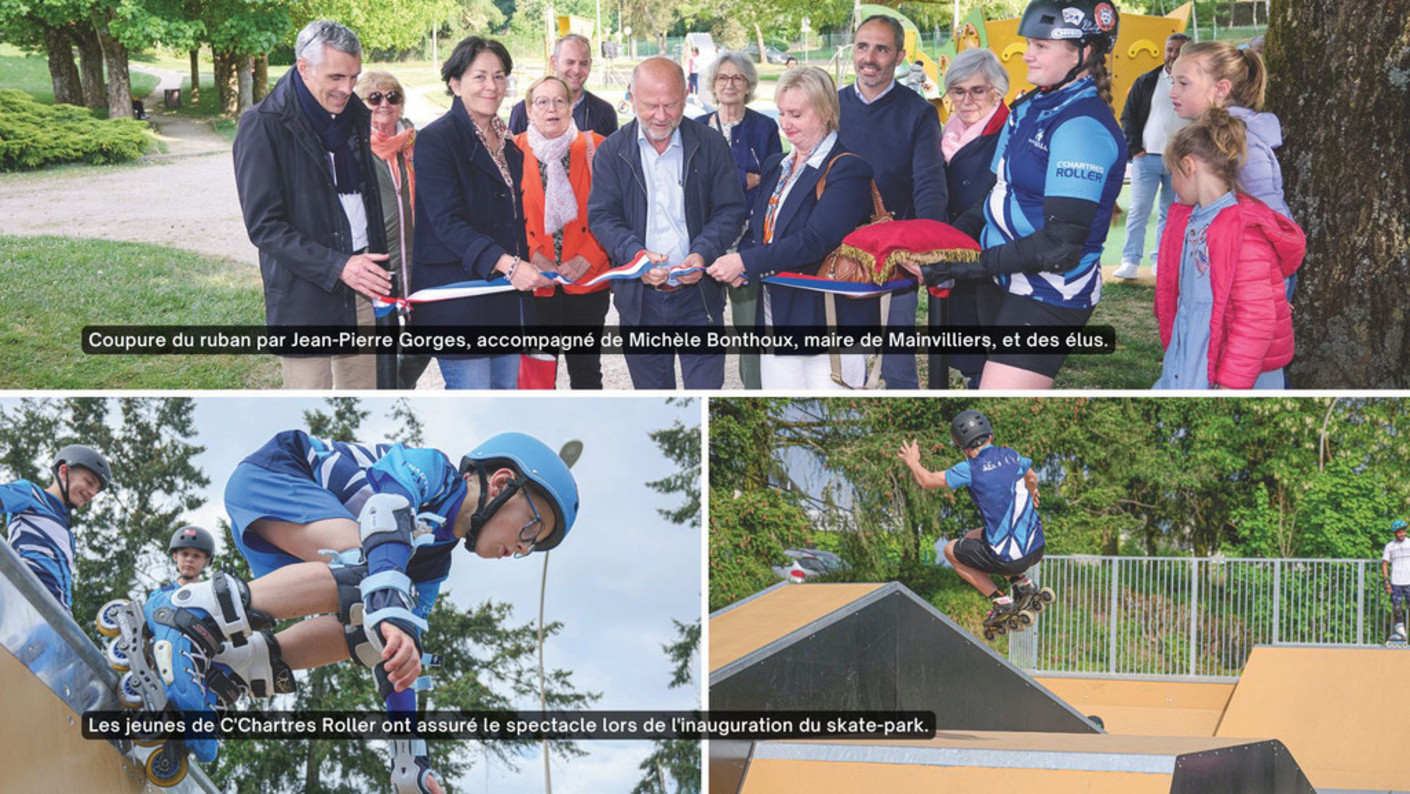 Jean-Pierre Gorges, des élus et des jeunes du C'Chartres Roller inaugurent la nouvelle aire de jeux et le nouveau skate-park.