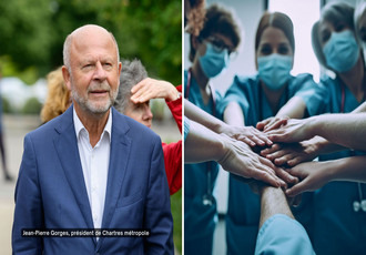 mosaïque photo avec le portrait de Jean-Pierre Gorges, président de Chartres métropole et à côté photos de plusieurs médecins en blouse