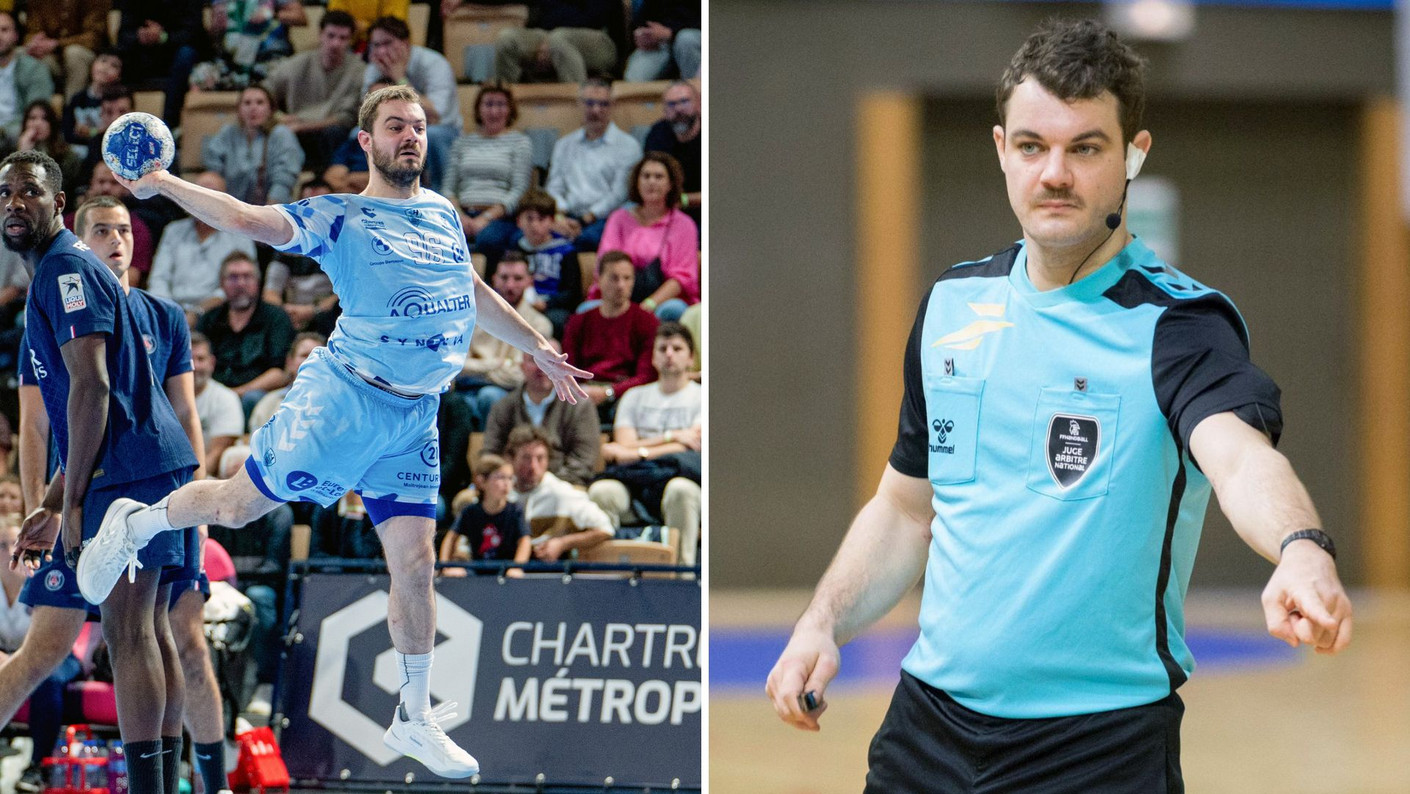 Portraits de Gaël Tribillon, en tant que joueur du C'CMHB et en tant qu'arbitre de N1 Masculine.