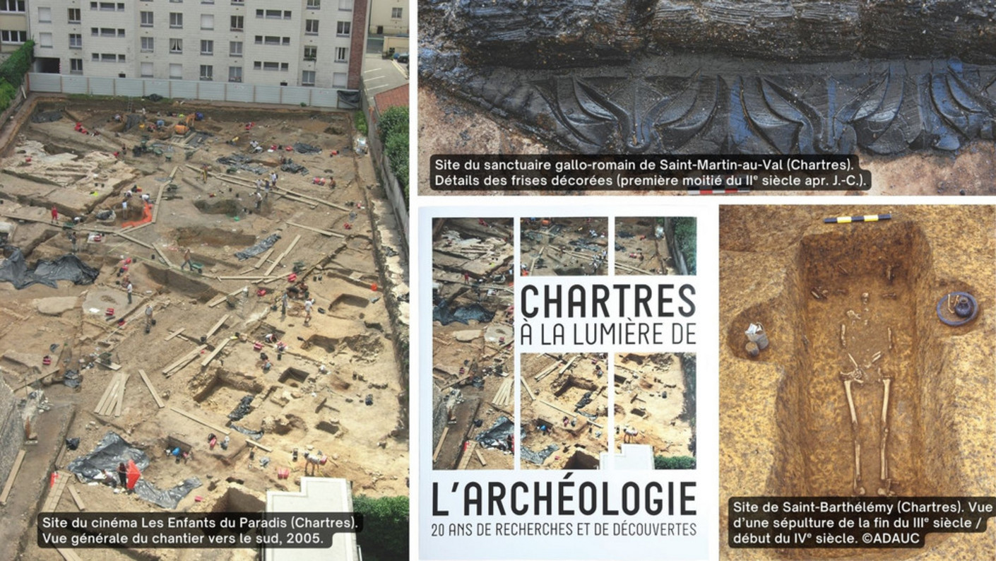 mosaïque de photos de sites archéologiques et découvertes faites par C'Chartres Archéologie