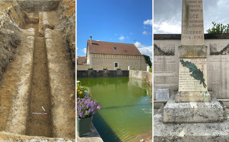 Vues de l'aqueduc gallo-romain, de la mare et du monument aux morts de Lucé