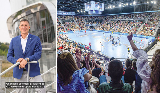 Ghennadii Solomon, président du CCMHB et la salle du Colisée avec le public encourageant l'équipe.