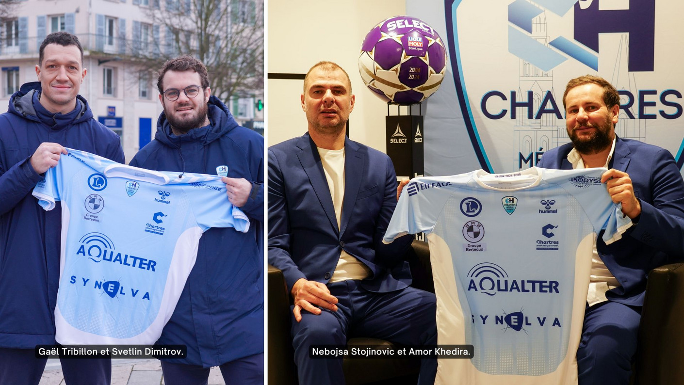 Les joueurs et coach du C’Chartres Métropole Handball présentent le maillot de l'équipe