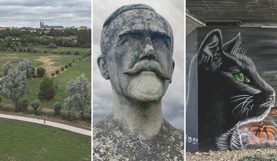 A gauche la prairie de Luisant et le plan vert de Chartres métropole, au milieu le buste de Maurice Maunoury, à droite les graffs de la rocade de Luisant représentant un chat
