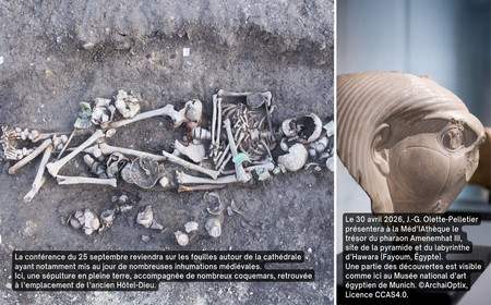 une sépulture en pleine terre venant des fouilles autour de la cathédrale et une sculpture du Musée national d’art égyptien de Munich.
