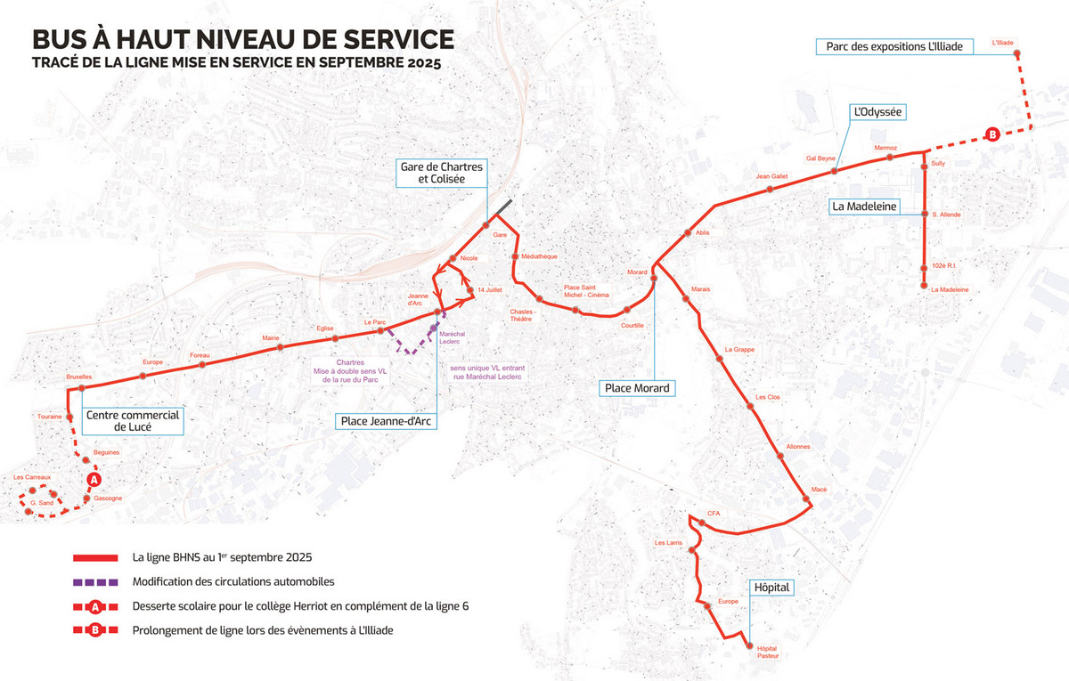 Tracé du BHNS de Chartres métropole prévu pour septembre 2025
