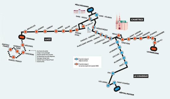 Plan des lignes A et B du BHNS, reliant Lucé, Chartres et Le Coudray.