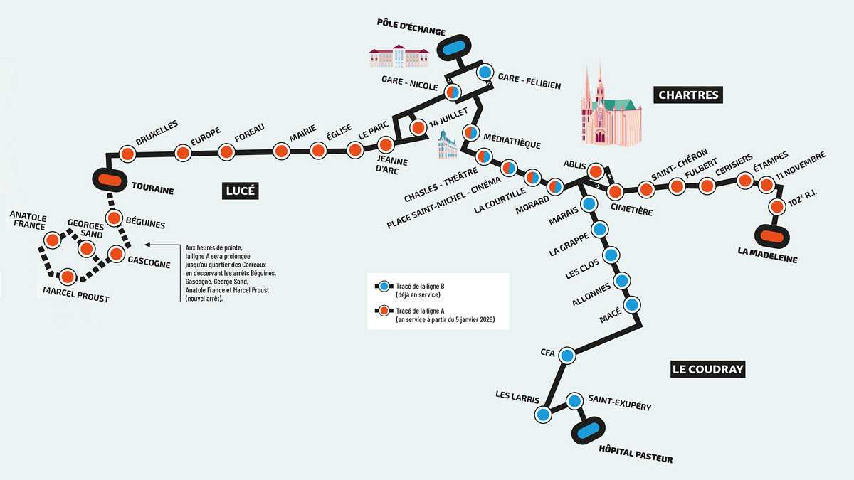 Plan des lignes A et B du BHNS, reliant Lucé, Chartres et Le Coudray.
