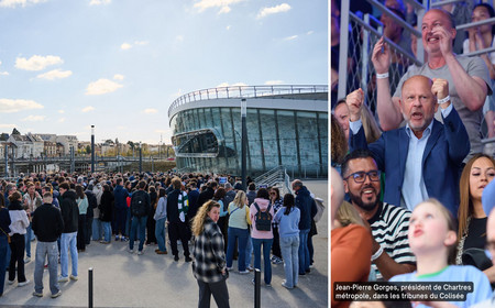 Les spectateurs qui font la queue devant le Colisée et une foule qui acclame son équipe, serrant les poings